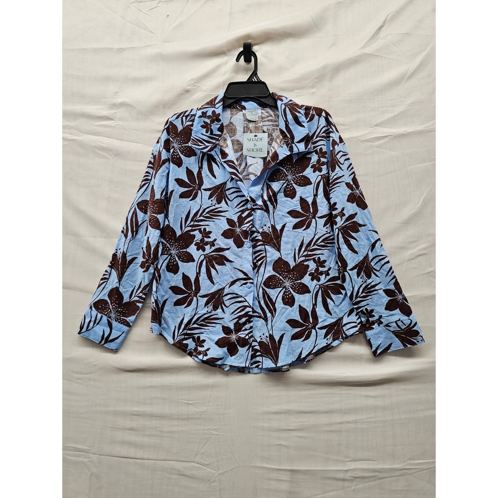 Shade & Shore Womens Floral Button Front Shirt Blue Cotton Blend Casual Size XS
